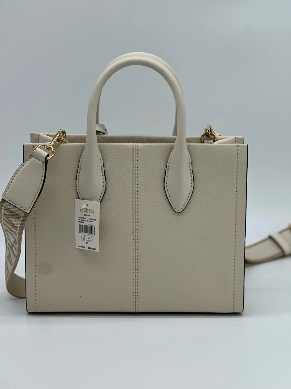 Michael Kors Cream Leather Satchel with Logo Strap and MK Charm